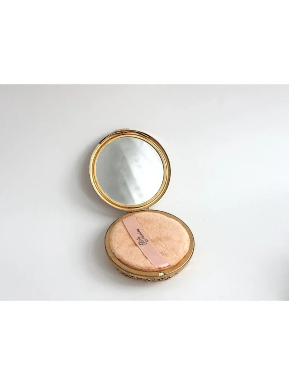Rare Elgin American Powder Gold Toned STELLA Enamel & Mesh Hinged Mirror Compact